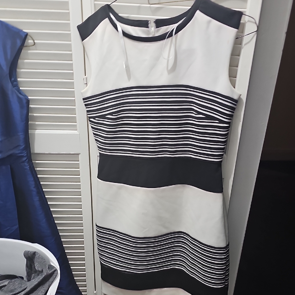 Sandra Darren Black and White Striped Mini Dress